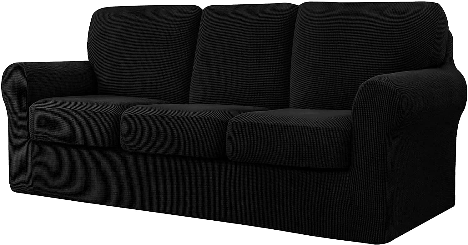 WJHDWYD 7 Pieces Stretch Sofa Cover, Sofa Cover with Three Separate Backs and Cushions with Elastic Band, Checked Spandex Jacquard Fabric(Nero,3 posti (185-235 cm))