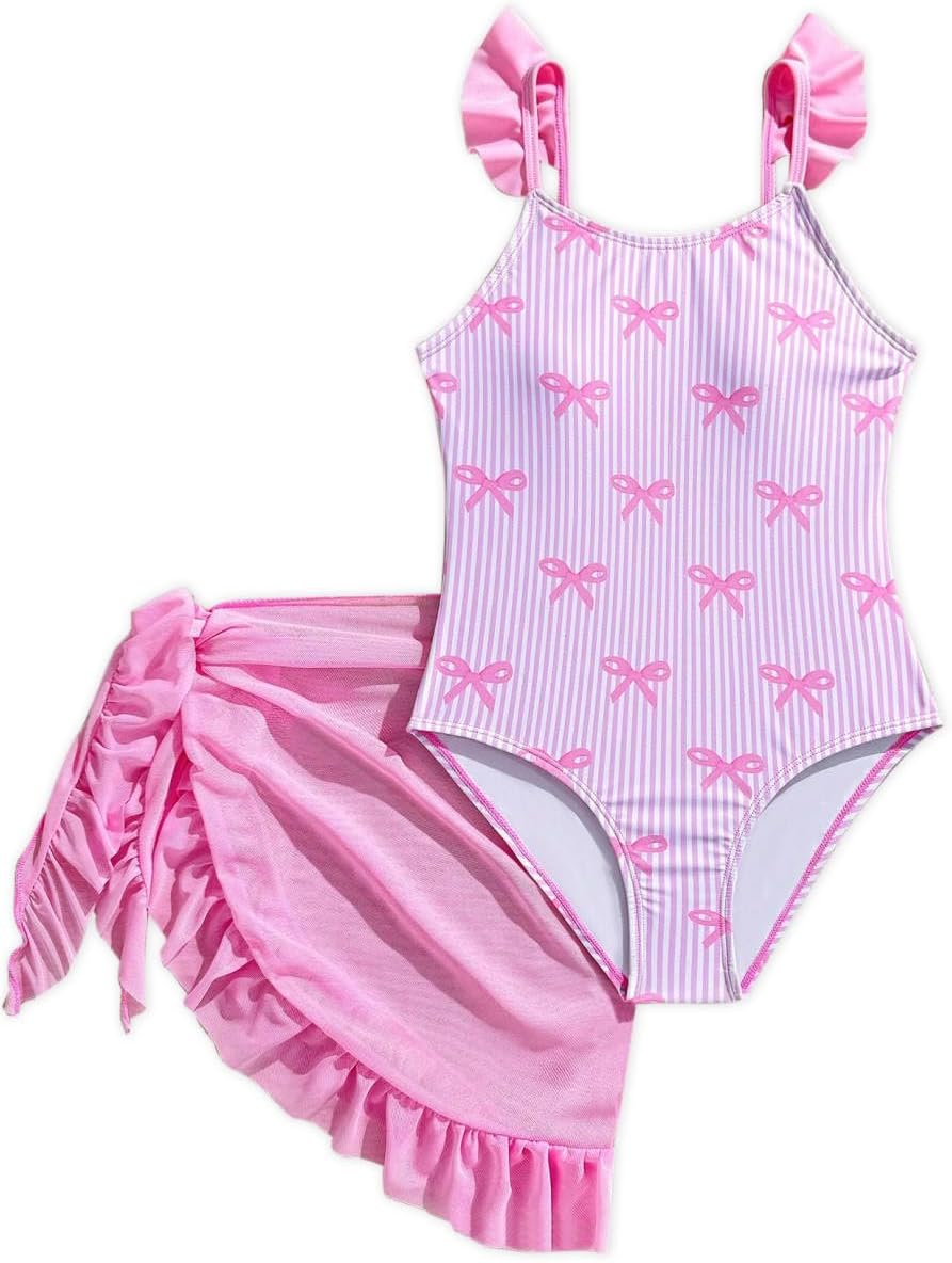 Girls One Piece Swimsuits Ruffle Straps Bow Stripe Print Cute Bathing Suits with Mesh Swim Cover Up Skirt
