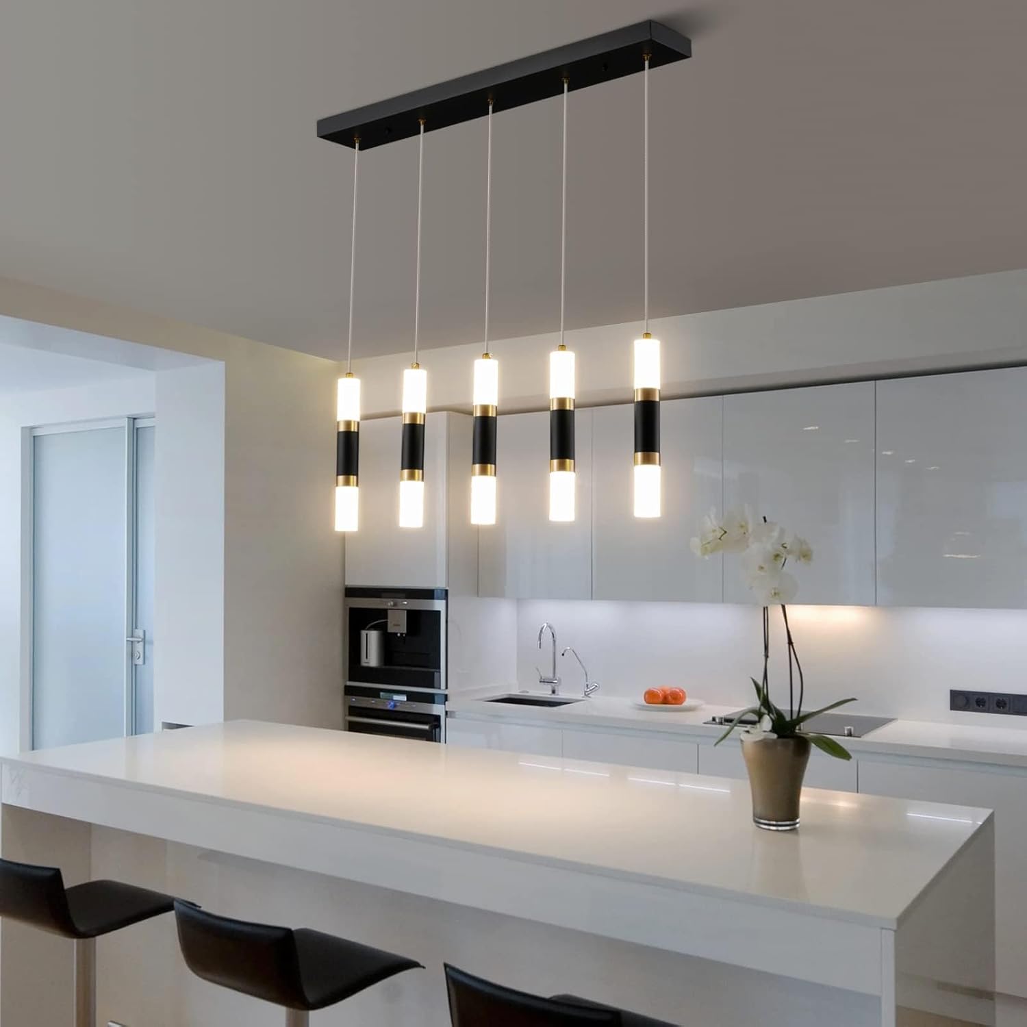 Modern Kitchen Island Dimmable LED Modern 5-Light Black Gold Pendant Light, Kitchen Island Dinning Room Black Pendant Light