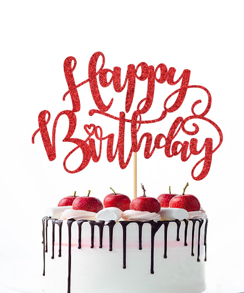 Naicaek Handmade Glitter Happy Birthday Cake Topper,Birthday Party Cake Decorations, Anniversary/Birthday Party Decoration Supplies (Red)