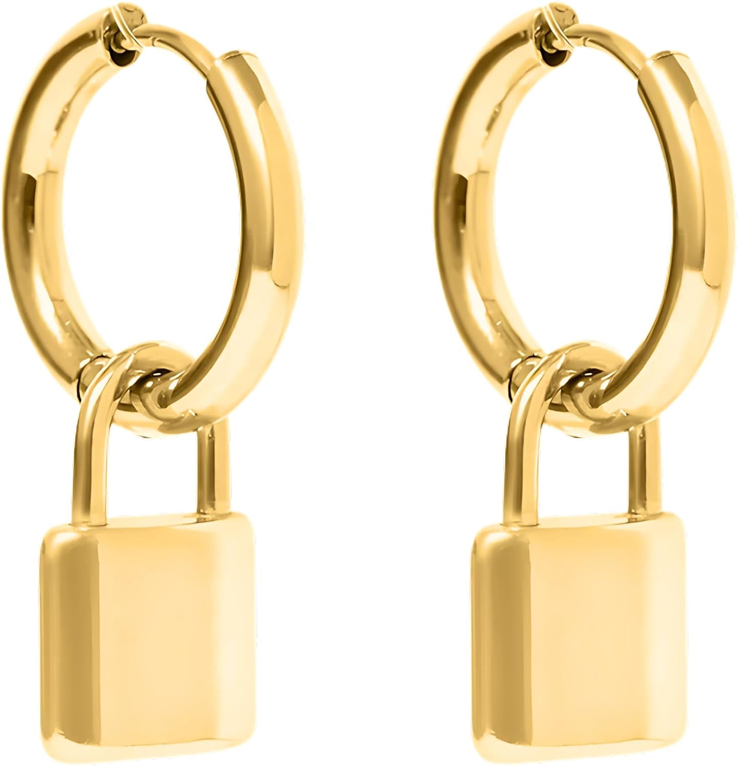 Padlock Dangle Pendant Hoop Earrings for Women by Ginger Lyne | Distressed Finish Stainless Steel Gold or Silver Tone Chunky Dangle Statement Ear Rings | Bold Fashion Jewelry