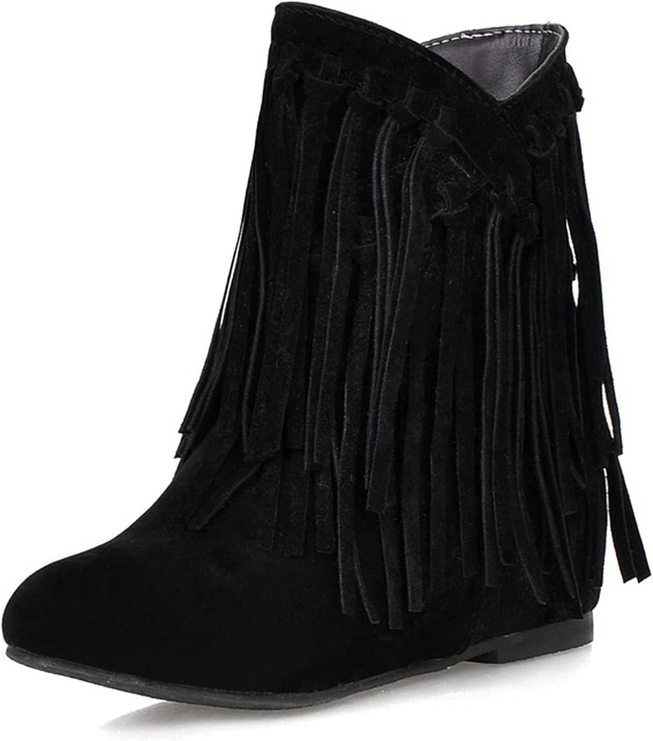 KiutSymo Womens Ankle Fringe Boots Round Toe Wide Calf Flat Tassel Boots Casual Hidden Wedge Heels Ankle Boots for Winter