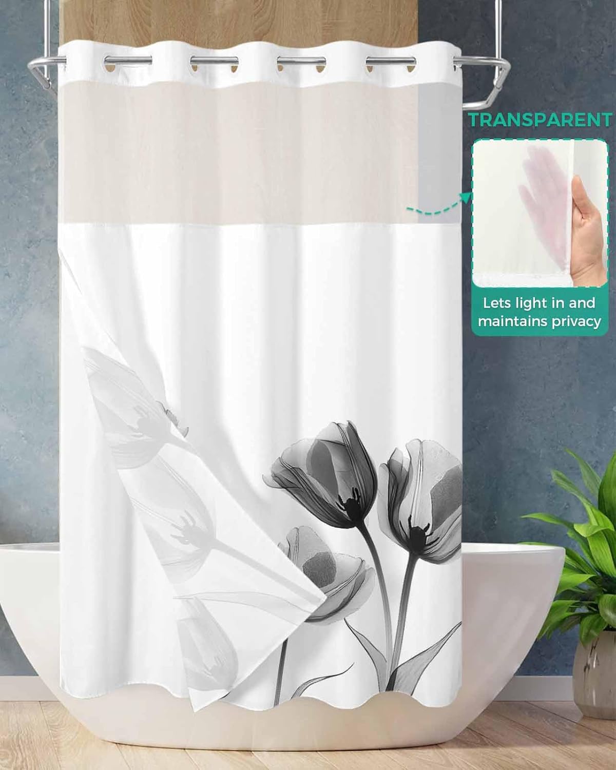 No Hook Shower Curtain and Snap in Liner Set, Black Grey Tulip Bathroom Stall Shower Curtains 54x78 Inch, See Through Mesh Top Window, Flower Floral Modern Minimalist White Hotel Style, Waterproof