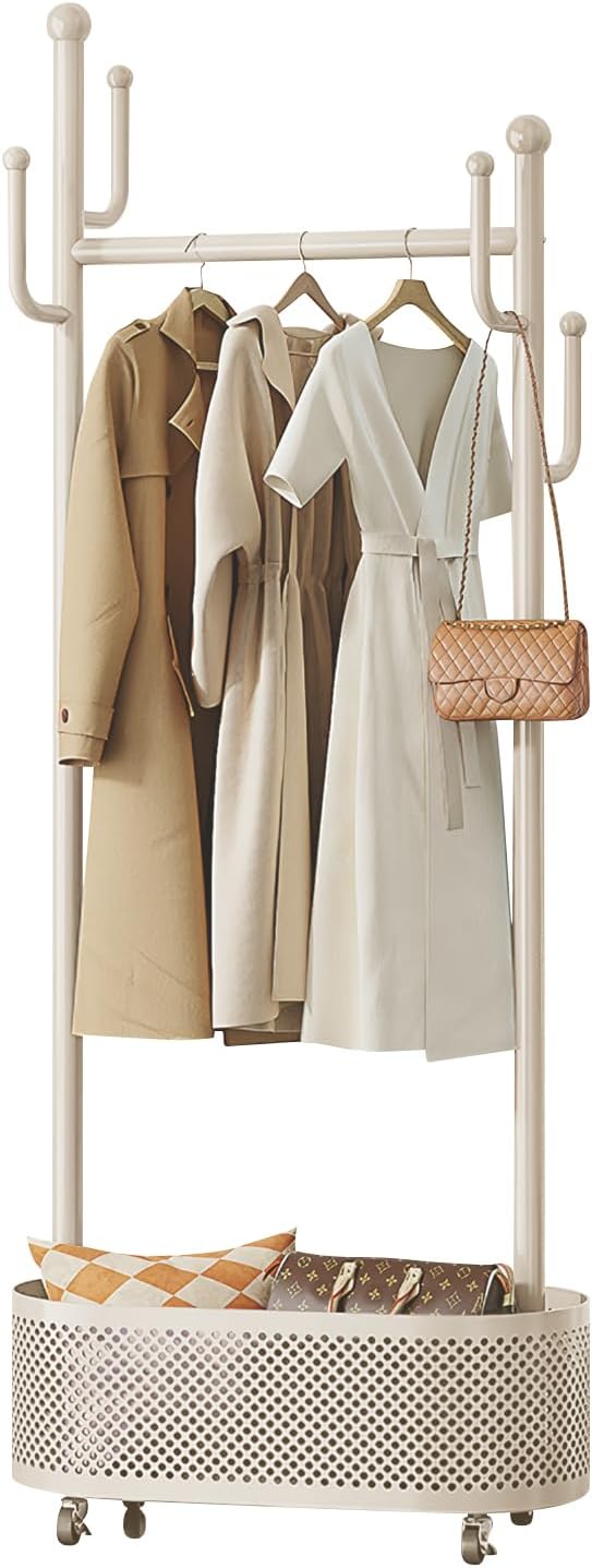 Ergocar Coat Stand. A jacket hat rack with a basket, multi -functional design. It can move stable at 360 , suitable for placing in bed, living room and porch. white