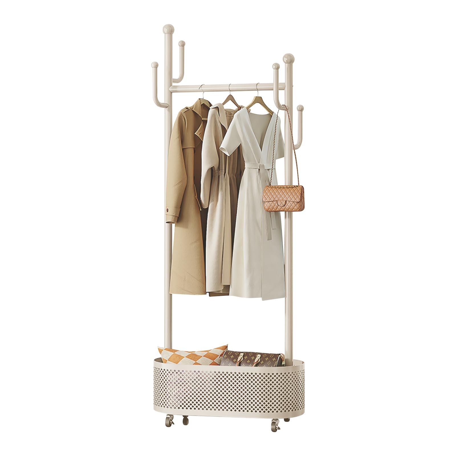 Ergocar White Coat Stand. A Jacket Hat Rack With A Basket, Multi -Functional Design. It Can Move Stable At 360 °, Suitable For Placing In Bed, Living Room And Porch.
