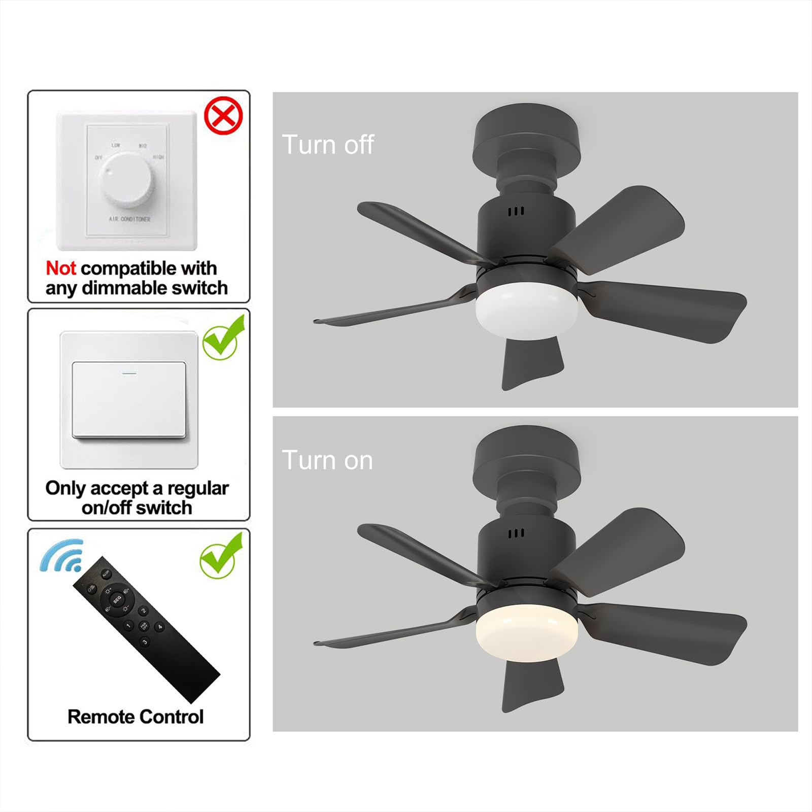 GEADI Ventilateur de Plafond avec Lumière LED Dimmable, Plafonnier à Visser pour Chambre avec Télécommande, 4 Vitesses et 3 Températures de Couleur Réglables, Douille E27, 45 cm Noir