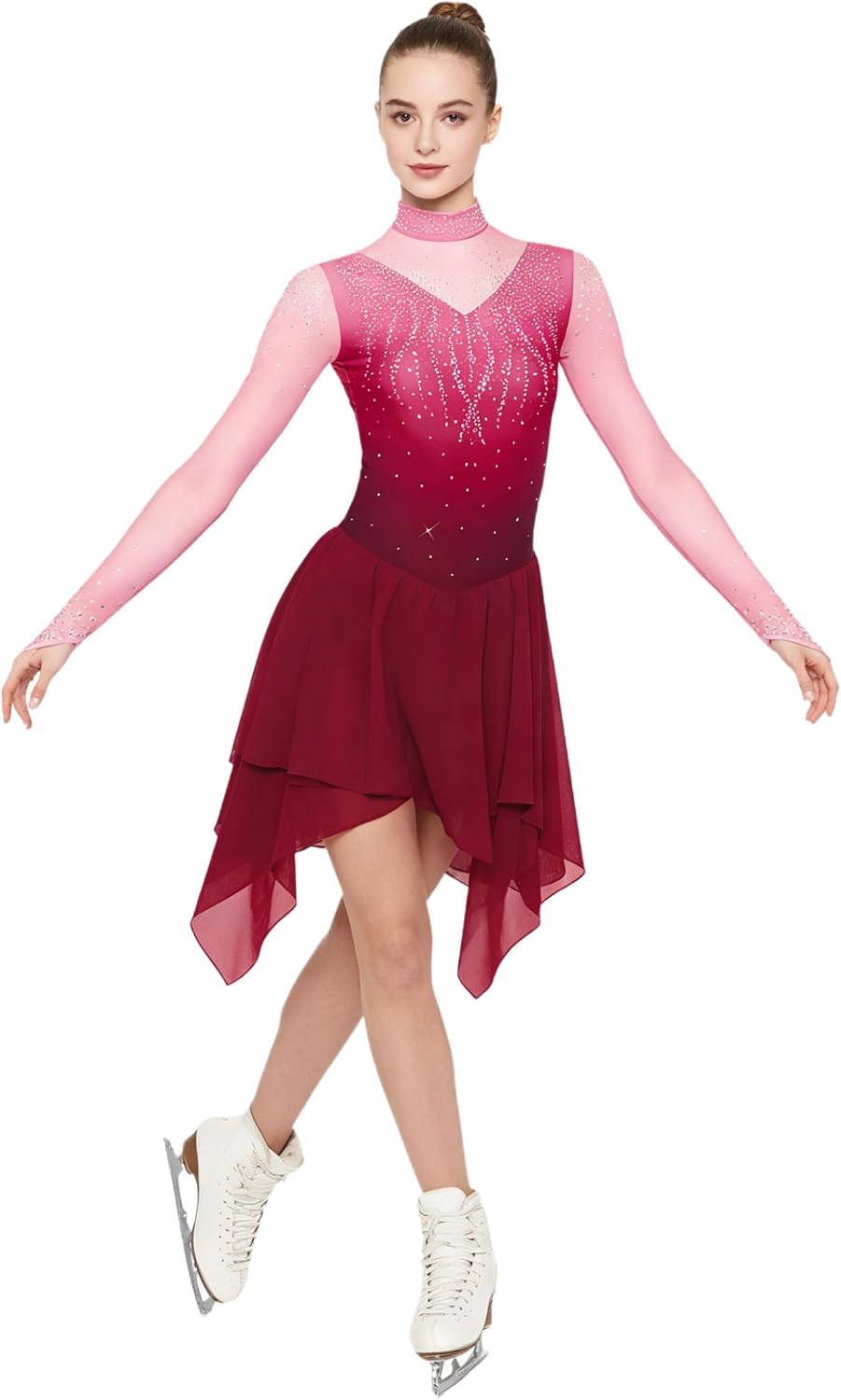 Women's Ice Figure Skating Dress Gradient Lyrical Dance Costume Asymmetric Flowy Tulle Skirt Leotard