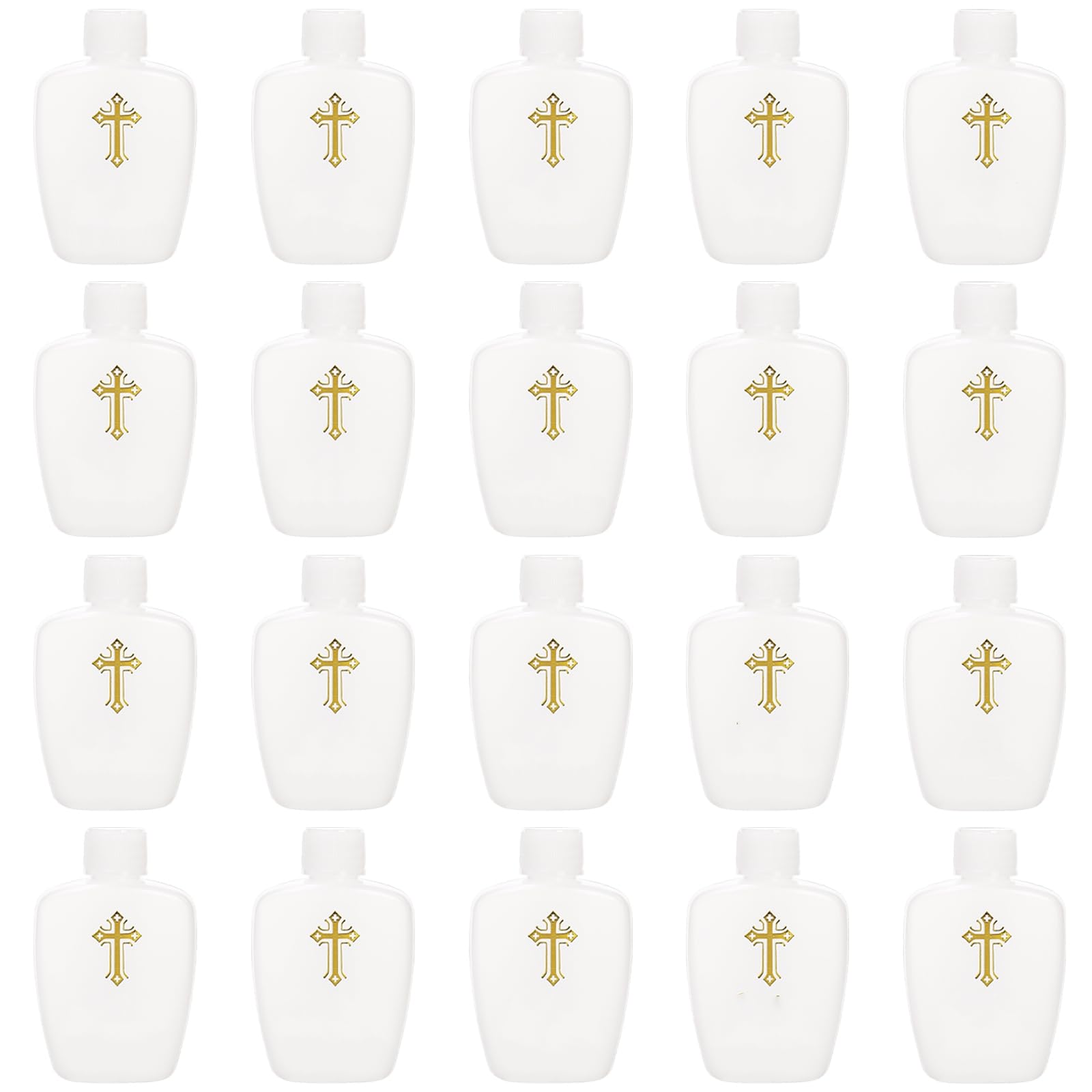 Hiceeden 20 Pack 60ML Catholic Water Bottles, Empty Plastic Water Container, Water Flask with Gold Cross Pattern for Home Kitchen Party Easter Decor, White(2oz)