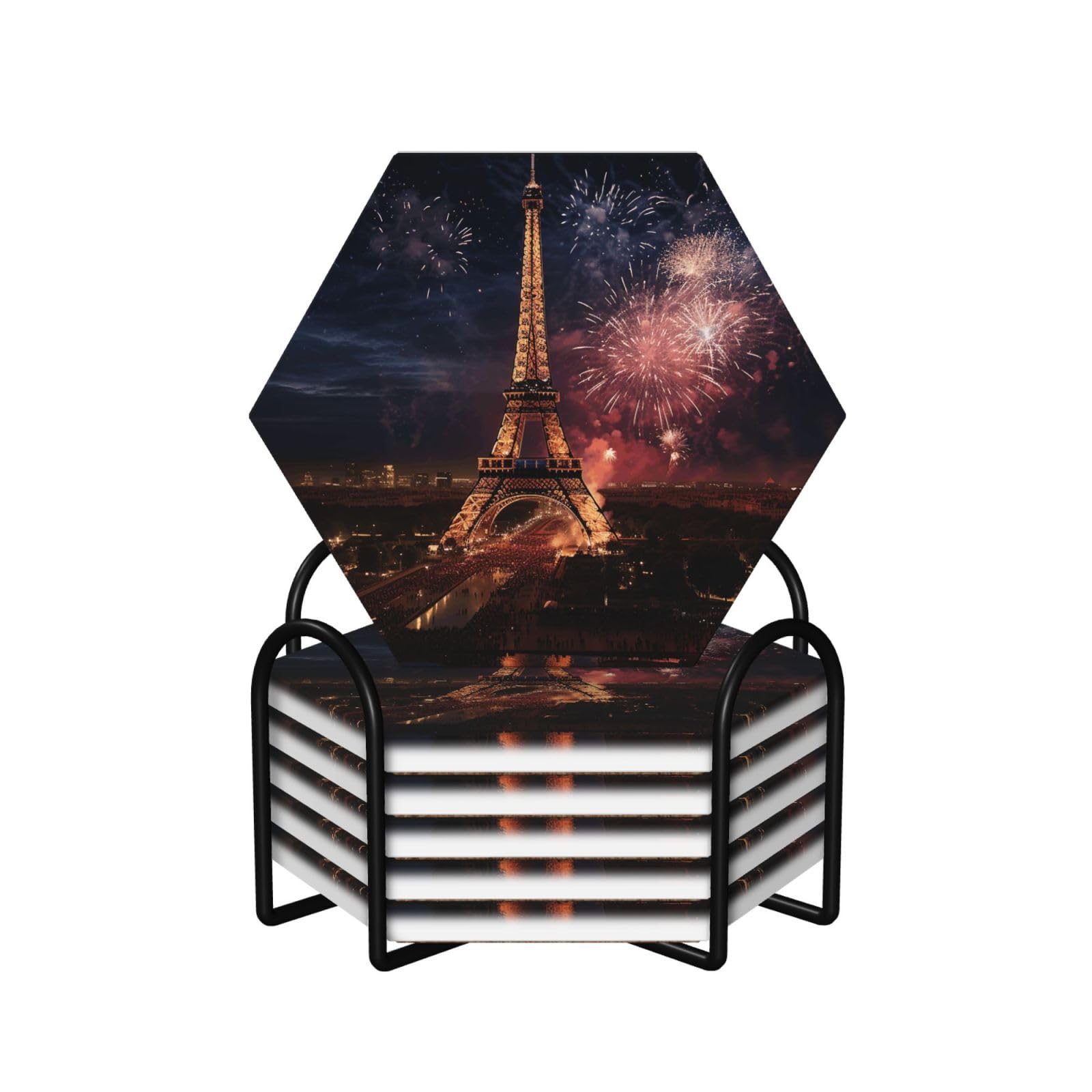6Pcs Ceramics Coaster for Drinks, Eiffel Tower Fireworks Cup Coasters with Holder, Aesthetic Drink Coasters for Coffee Table, Absorbent Round Coaster for Tabletop Protection 4" Cup Mat Pad