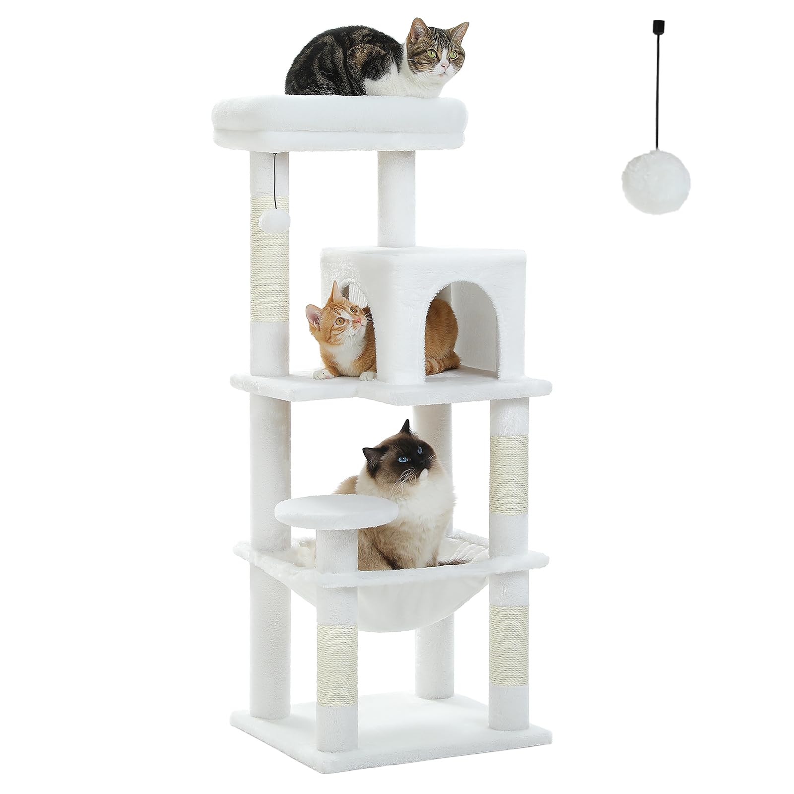 PAWZ Road 143cm Cat Tree for Indoor Cats with Metal Frame Large Hammock, 56.3 Inches Big Cat Tower with Scratching Posts and Top Perch, 4.7ft Multi-Level Activity Center with Replaceable Pompon, Beige — view 18
