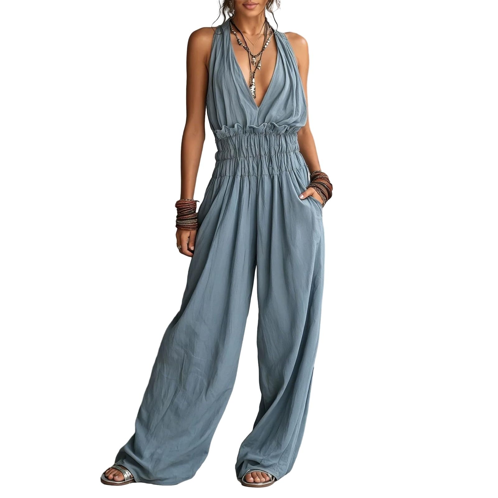 matumou Women's Halter Jumpsuit, Deep V Neck Sleeveless Backless Wide Leg Rompers, Flowy Casual Beach One Piece Outfits with Pockets