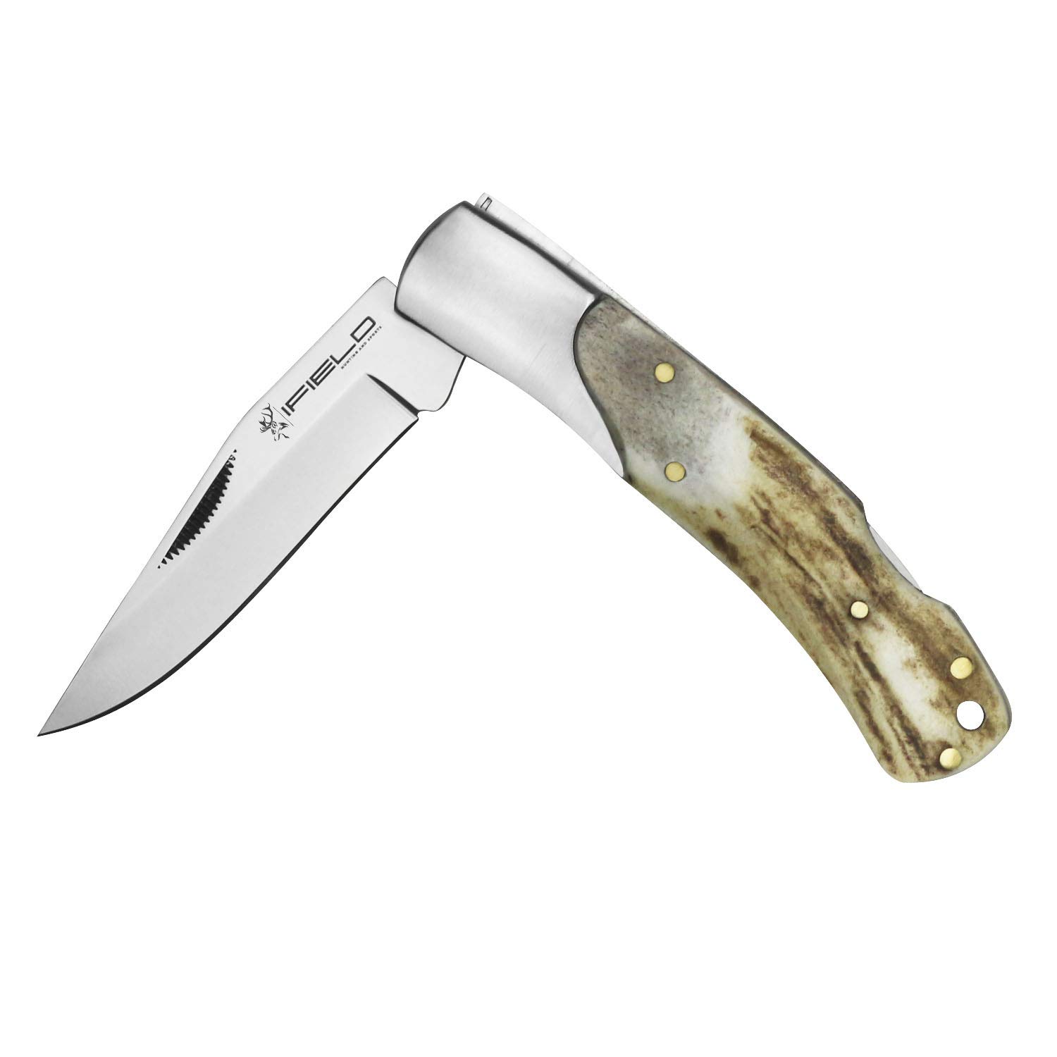 iFIELD EL29034 coltello da caccia pieghevole Bushcraft Sopravvivenza Escursionismo Campeggio, lama in acciaio inox con manico in corno di cervo, Made in Albacete (Spagna)