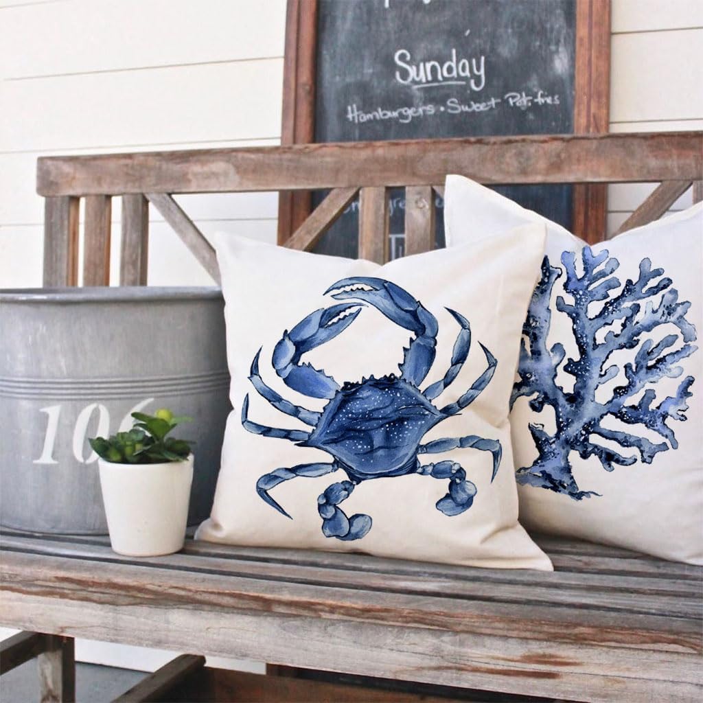 Sea Life Coastal Throw Pillow Covers 16x16 Inch Starfish Turtle Crab Coral Indigo Blue Summer Beach Ocean Nautical Outdoor Decorations Decorative Throw Pillows Cases Set of 4 for Couch Decor - Image 6