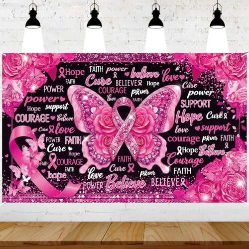Papiailove Breast Cancer Awareness Banner Backdrop Pink Ribbon Party Decoration for Fundraiser Event, Hope Faith Love Photography Background, October Awareness Month Wall Decor, 71 x 43 in