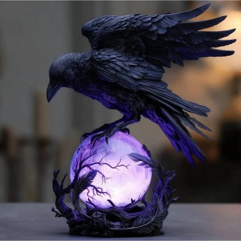 CHANGYUE “Raven’s Moonlight” Gothic LED Lamp, Mysterious Crow on Glowing Orb Sculpture, 3D Gothic Lamp Lantern with Soft Violet Light for Home Decor, Gift for Gothic Collectors