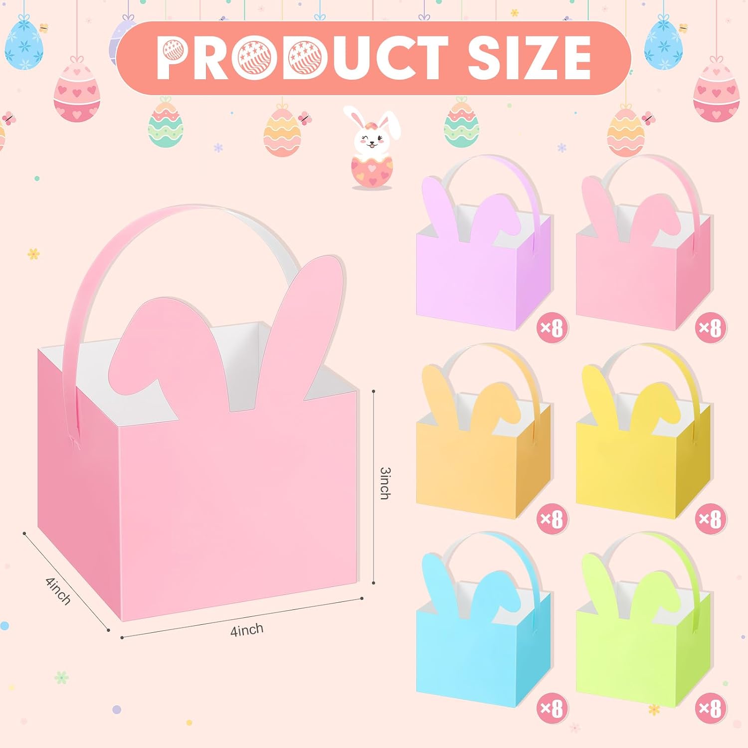 Kolldenn 48 Pcs Small Easter Basket Bulk Mini Pastel Bunny Candy Boxes with Handle, Gift Basket Containers, Candy Goody Cookie Treat Box for Easter Spring Party Favor image 2