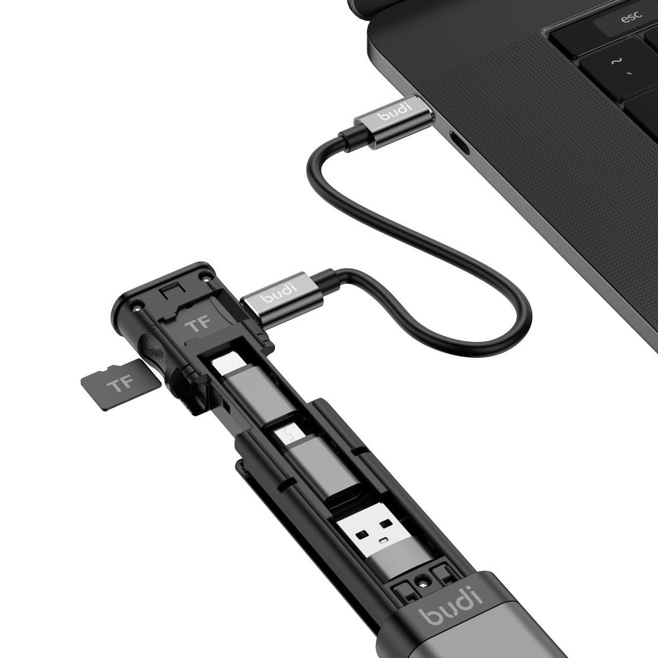 Budi 9-in-1 Essential Travel Charging & Data Sync Cable Stick for Smart Phone TF Card Storage - Black