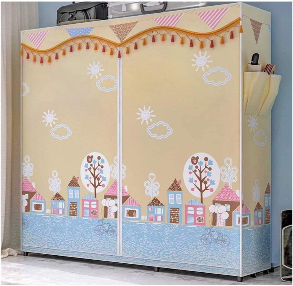 Closet Simple Wardrobe Simple Economical Cloth Wardrobe Steel Pipe Bold Reinforcement All Steel e Double Fabric Storage Cabinet Wardrobe (Color : Beige)