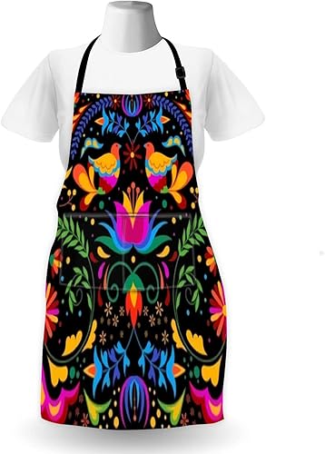 Miniatura 3 de Delantal de flores mexicanas divertido y colorido delantal de cocina con 2 bolsillos, impermeable, ajustable, para hombres y mujeres, para cocinar,