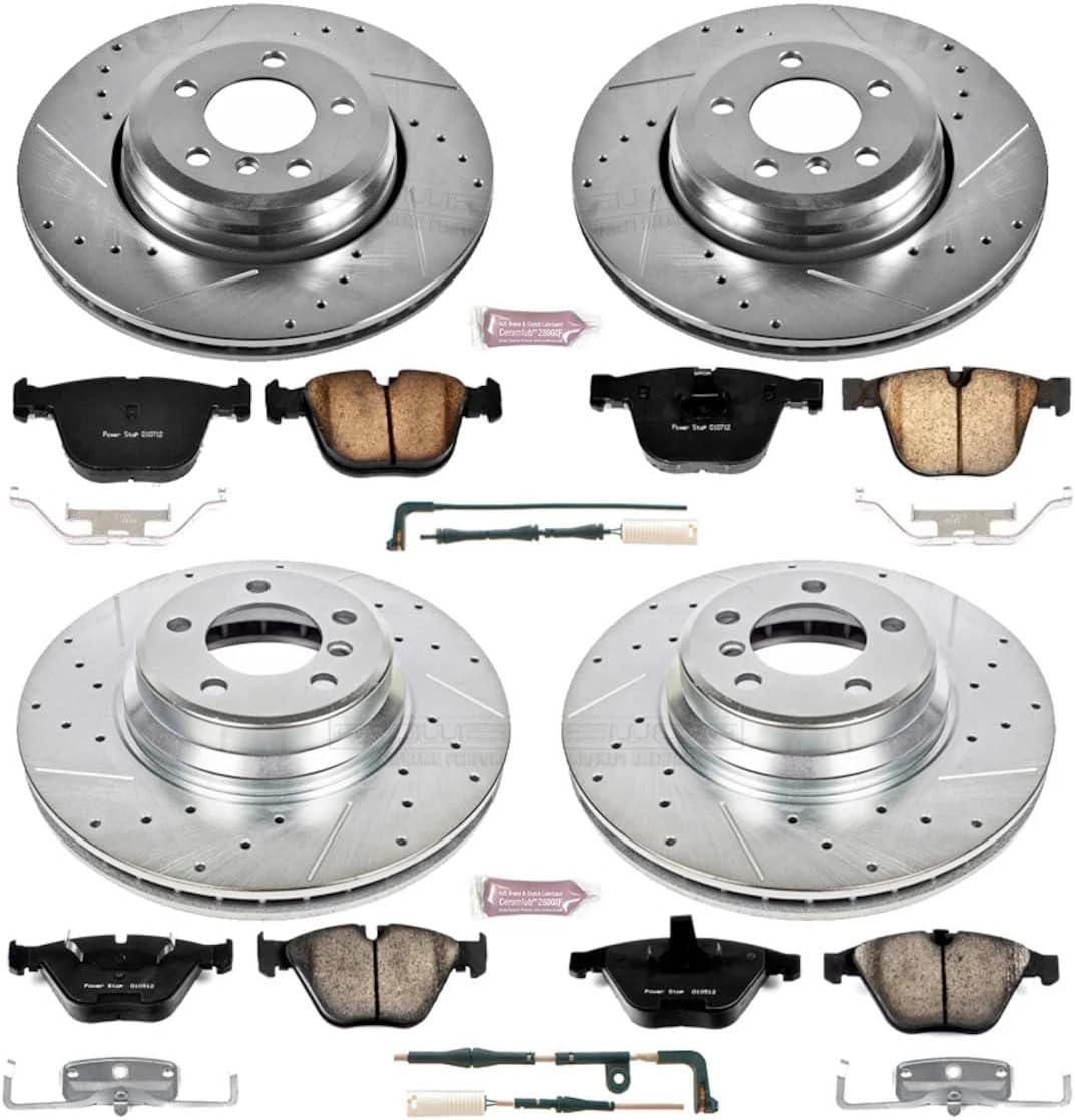 Power Stop K2056 Front and Rear Z23 Carbon Fiber Brake Pads with Drilled & Slotted Brake Rotors Kit and 1 Front & 1 Rear Sensor Wires For BMW 745Li, BMW 745i, BMW 760Li, BMW 760i [Model Specific]