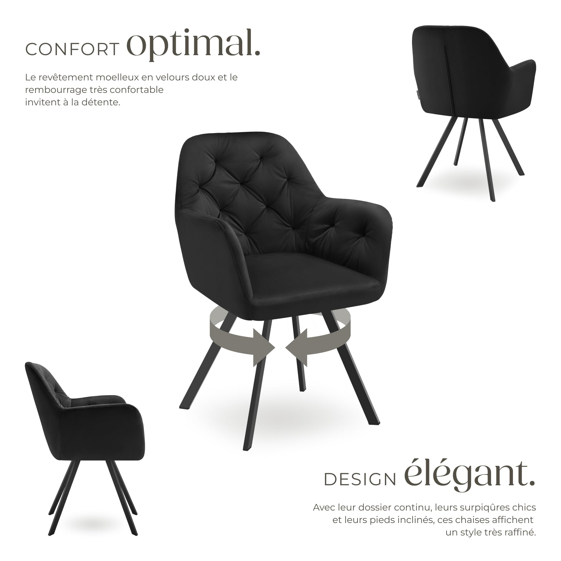 Chaise Pivotante Design En Velours - Pieds En Acier - Rembourrage Confortable - Pour Salle à Manger, Salon, Bureau - Capacité 120 Kg