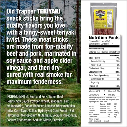 Image of Old Trapper Teriyaki Snack Sticks, 17-Ounce Resealable Bag, Natural Wood Smoked Meat Sticks, 9 Grams of Protein and 150 Calories per Ounce (Pack of One)
