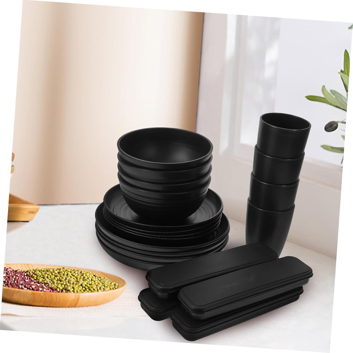 Unomor 4sets Camping Utensils with Case Spoon Fork Cutter Bowl Plate Travel Dinnerware for Picnic Outdoor Reusable Cutlery for People