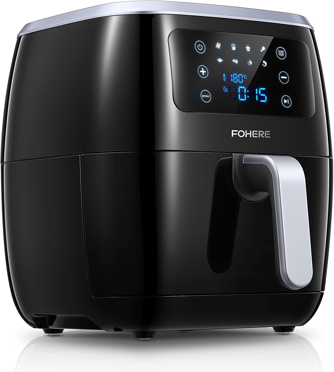 FOHERE Friggitrice ad Aria Calda, Friggitrice Senza Olio 6 Litri, 1800w, Airy Fryer con Display LED Toccabile, 8 Programmi Automatici, Tempo Temperatura Regolabili, Nessun Rumore, Nero