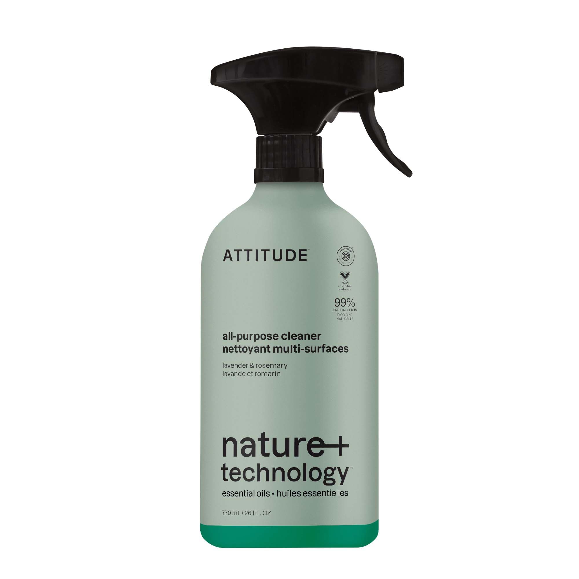 ATTITUDE All-Purpose Cleaner Spray, Made in Canada, Plant-Based Ingredients, EWG Verified, Streak Free, Ammonia Free, Removes Fingerprints, Dust and Dirt, Lavender & Rosemary, 770 mL
