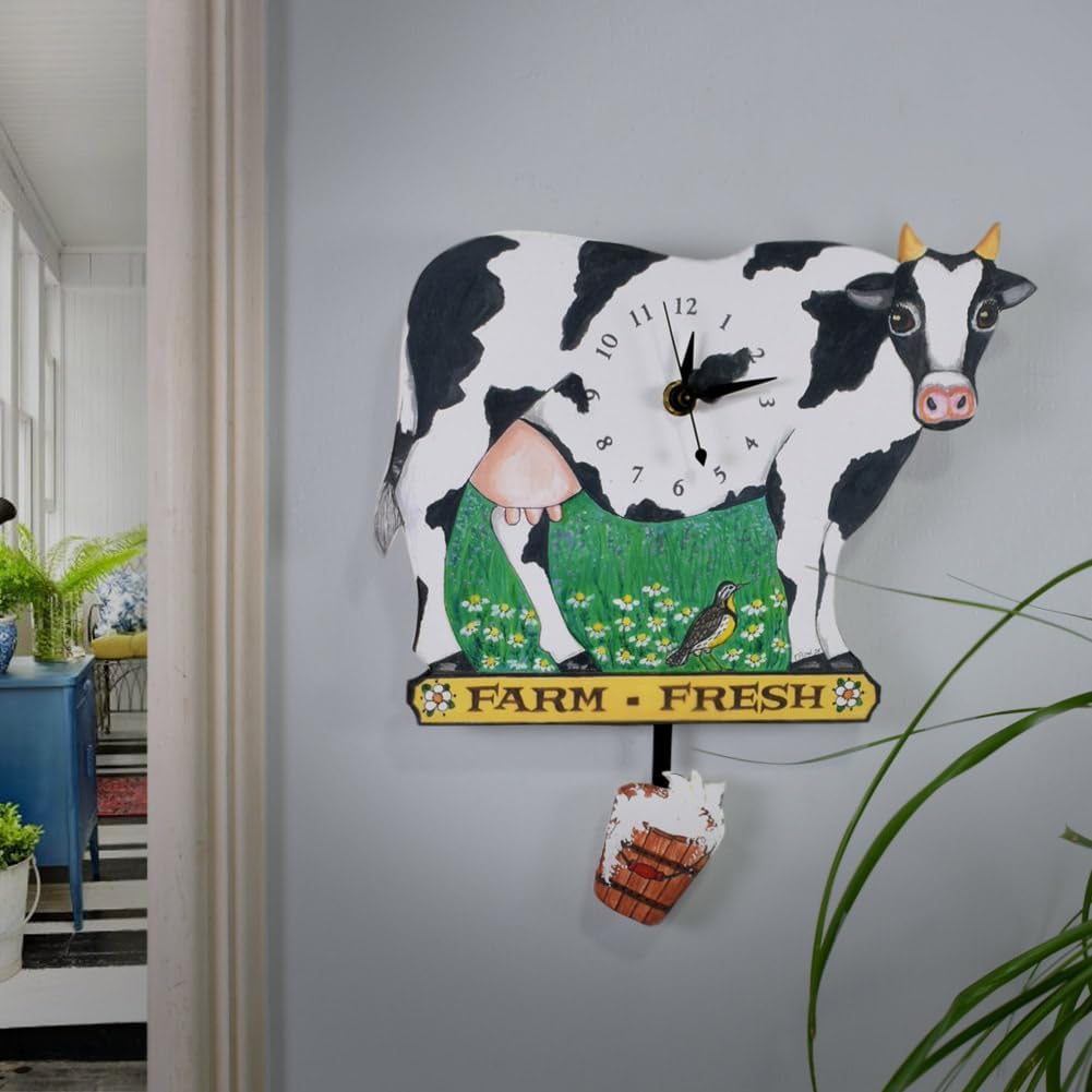 Farm Fresh Holstein Dairy Cow Pendulum Wall Clock, 10.5", Artisan Made in The USA