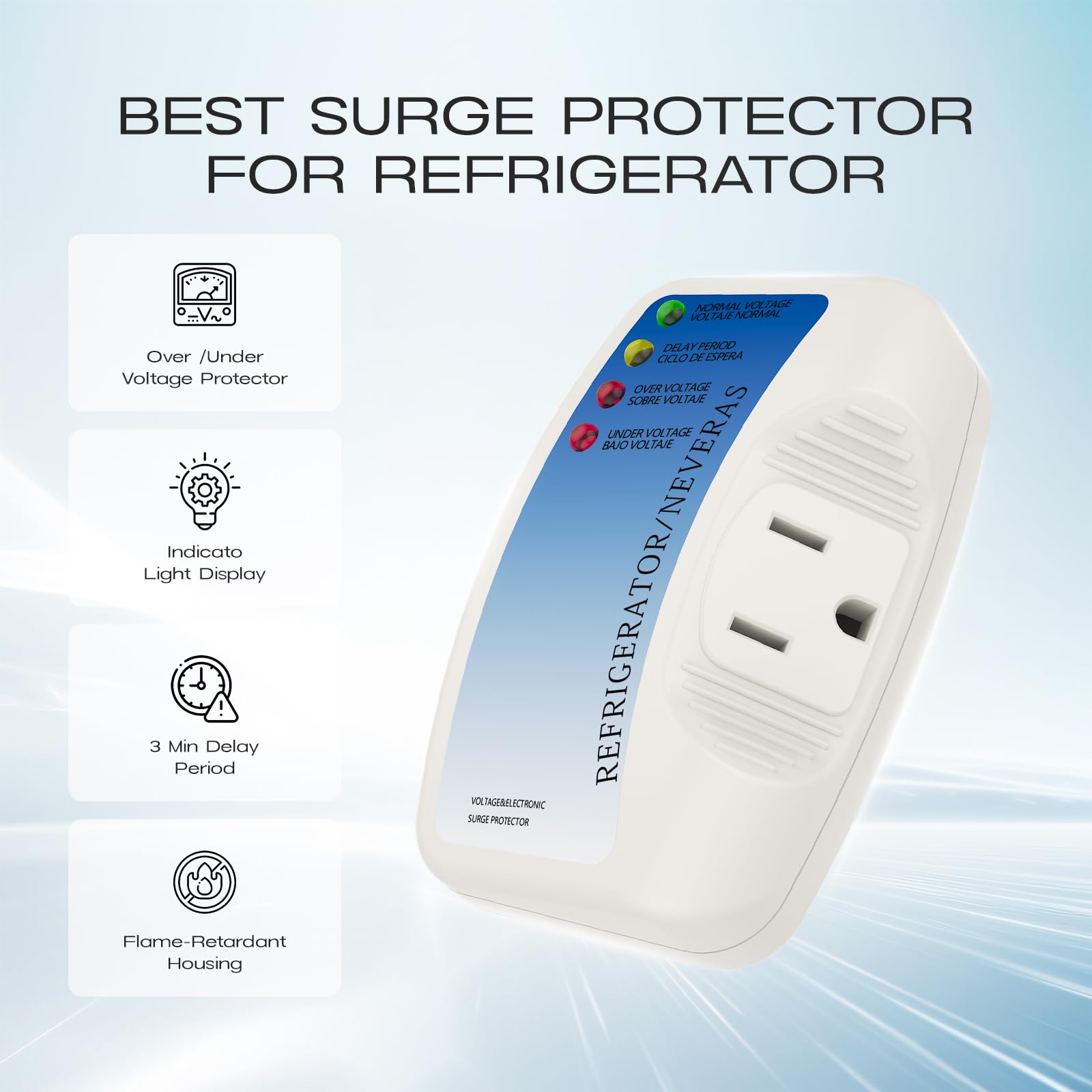 Protector de sobretensiones para refrigerador, CNAODUN para electrodomésticos, de una sola toma, protector de sobretensiones de voltaje, adecuado para PC/TV/refrigerador de 120 V, 15 A (paquete de 1)