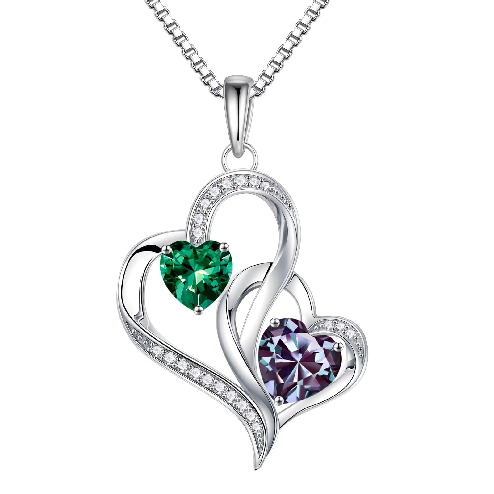 Iefil Valentines Day Gifts for Her - 925 Sterling Silver Double Birthstone Necklace, Heart Necklaces for Women, Anniversary Birthday Gifts,
