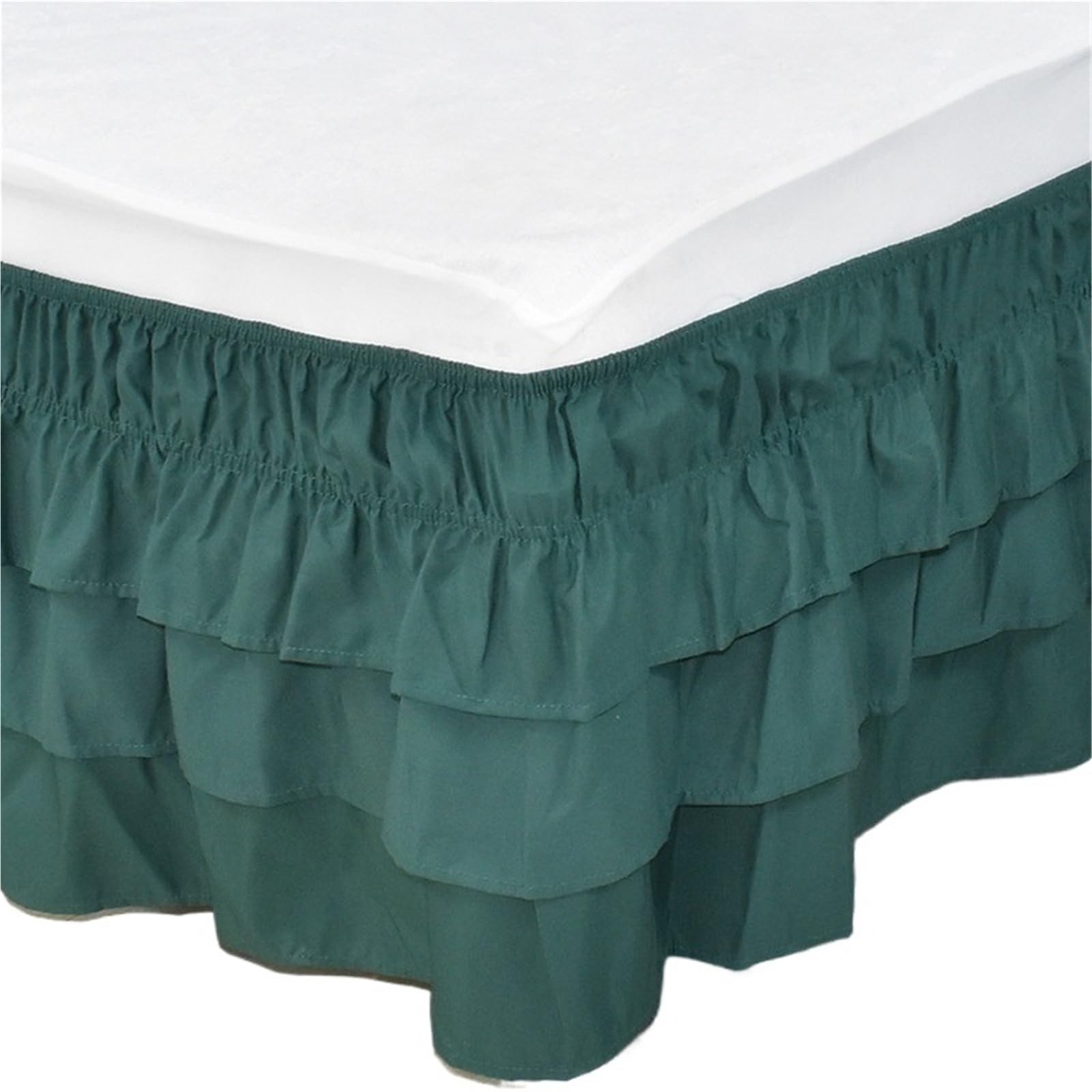 Ruffled Bedspread Three Layers Wrap Around Elastic Solid Bed Skirt Band Without Sheet(Dark green,QUEEN 150x200cm)