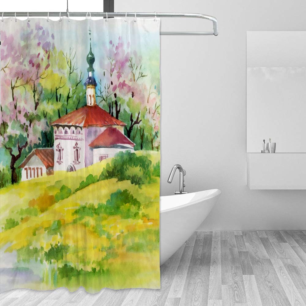 Rideau de douche anti-moisissure et étanche motif aquarelle nature