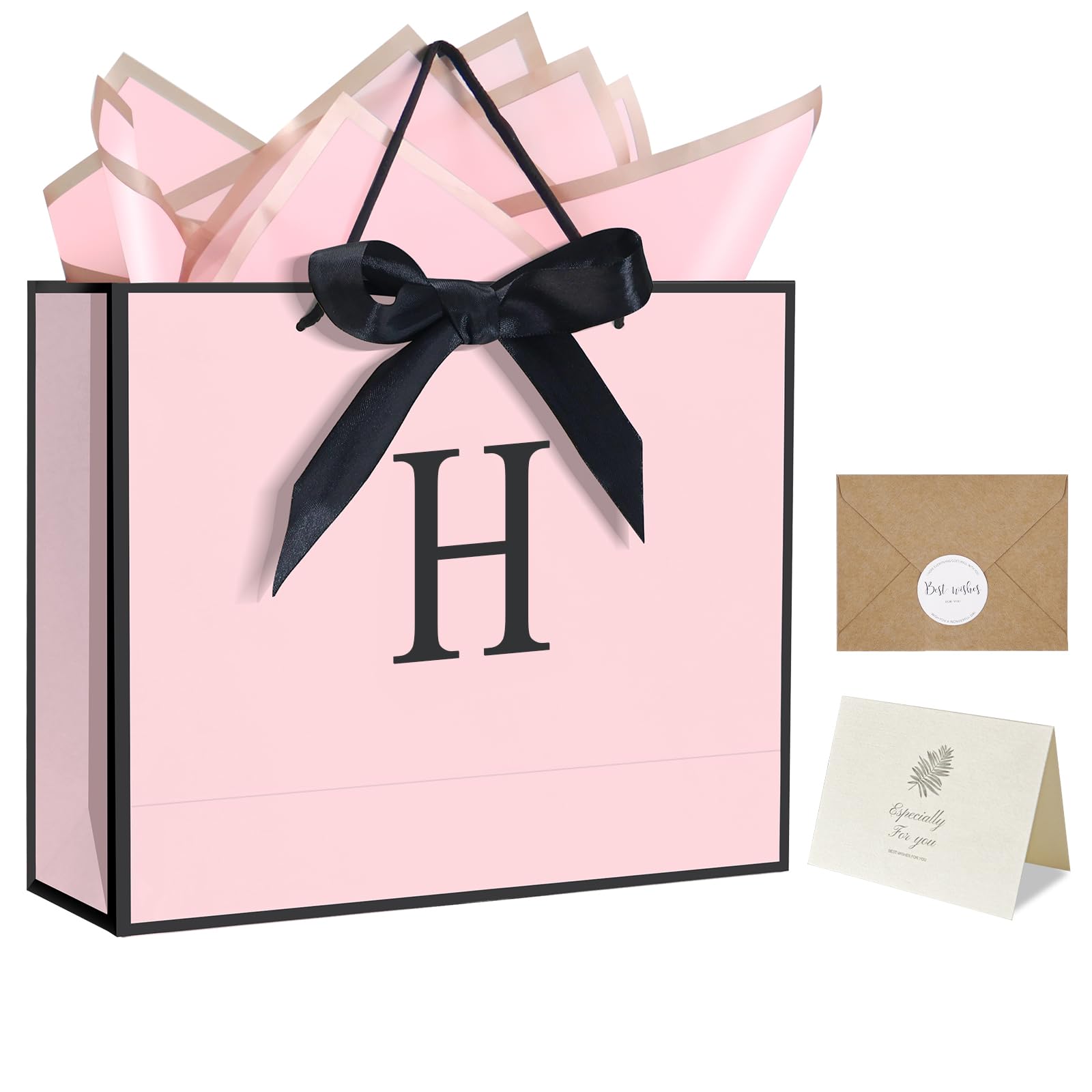 QLSKO Personalized Initial Paper Bag for Women Grils,Monogrammed Gift Bag with Bow Ribbon,Wrapping Tissue and Card Matching Envelope Sticker (Pink,