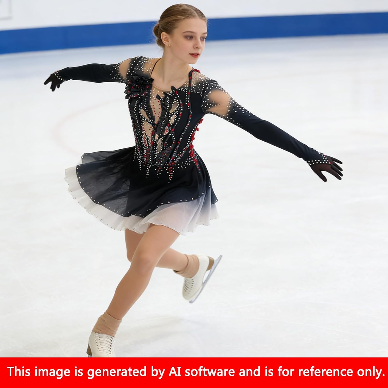LIUHUO Ice Figure Skating Dress Girls Women Competition Black Long Sleeves Red Sticker