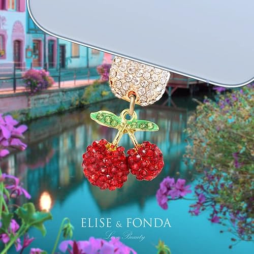 Miniatura 2 de ELISE & FONDA CP451 Puerto de carga USB Crystal Anti Dust Plug Little Cherry Phone Charm para iPhone 131211XS MAXXRX8 Plus76S8SE iPad iPod (rojo)