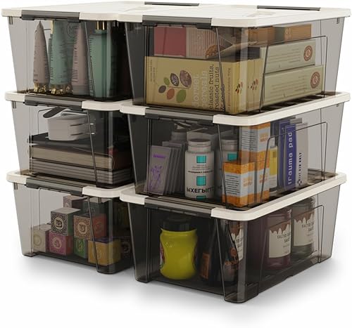 WYT Contenedor pequeño de plástico transparente de 5 cuartos de galón con tapa segura caqui y hebillas de cierre negras, organizador apilable