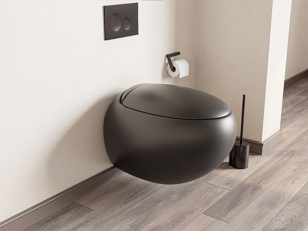 Venta-único - Pack de WC colgante de cerámica negro mate con soporte y placa de disparo - HURO II