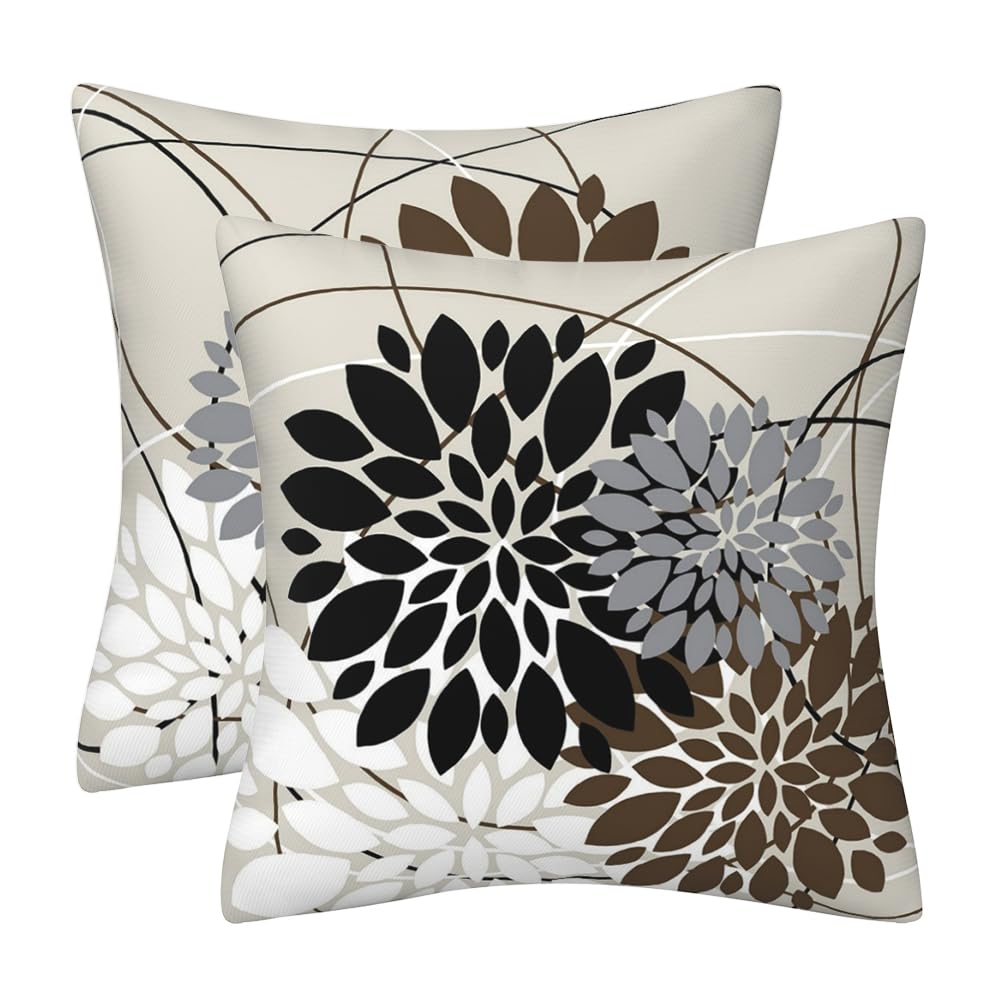 Brown Black White Dahlia Floral Throw Pillows Farmhouse Decorative Throw Pillow Case Indoor Outdoor Cushion Cover Autumn Winter Linen Pillowcase for