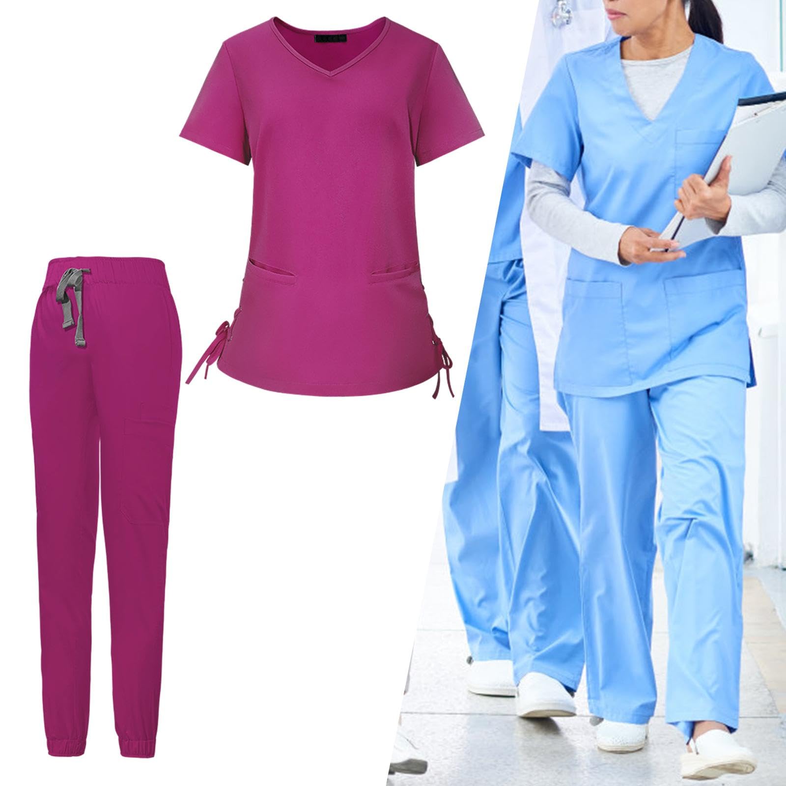 kowaku Set Scrub da Donna Divise da Lavoro da Infermiera Abbigliamento da Lavoro Scollo a Pantaloni da Jogger Eleganti Morbidi e Resistenti alle, Rosa scuro L