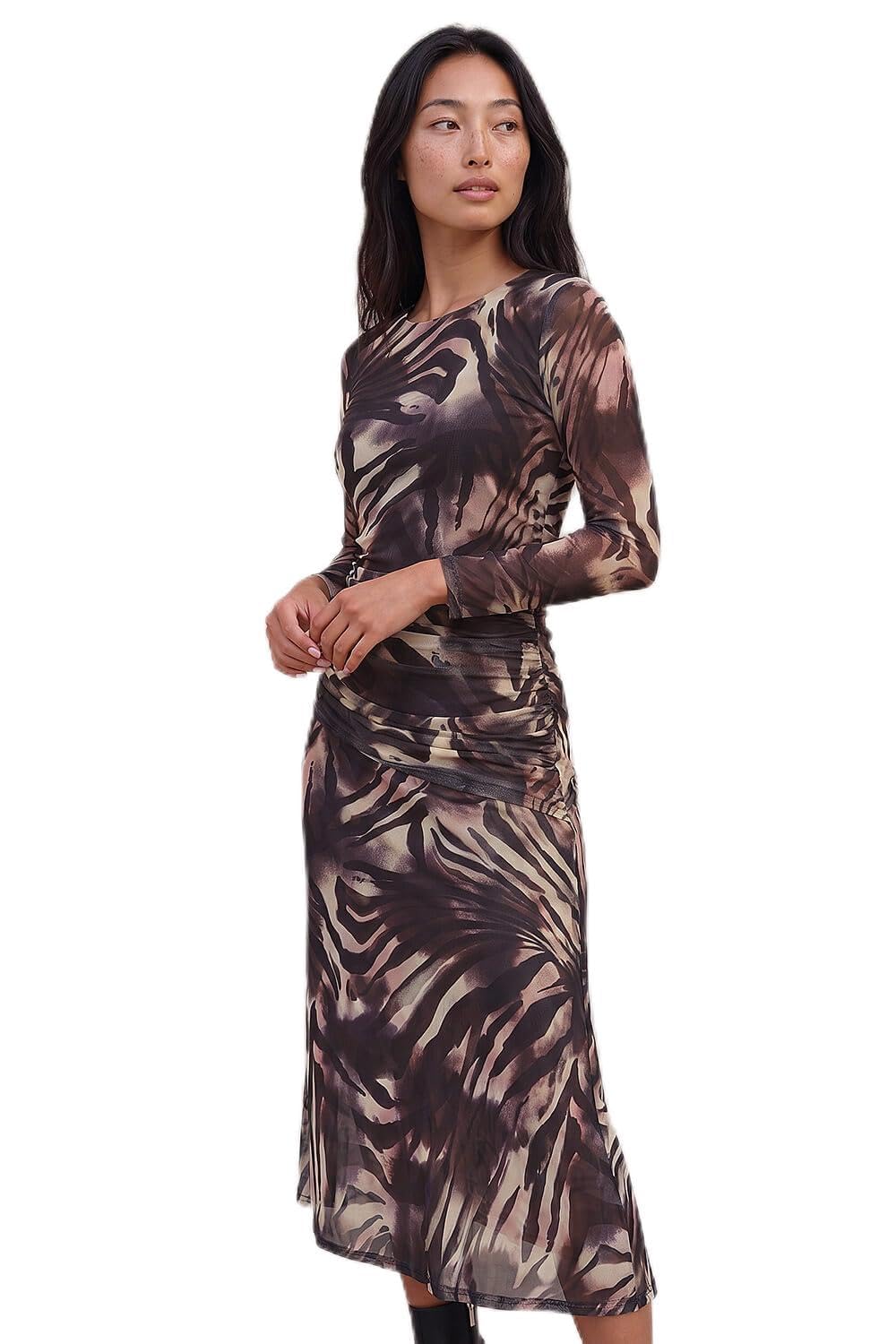Roman Petite Print Mesh Ruched Midi Dress for Women UK - Ladies Everyday Autumn Winter Round Neckline Comfy Soft Evening Vacation Work Party Night Out - Petite Black - Size 16