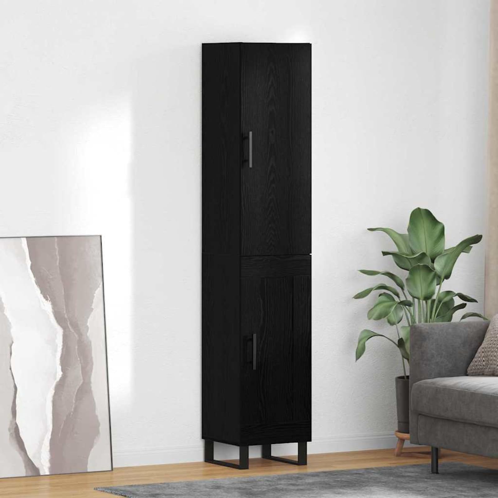 Armadio alto in legno, 34,5 x 34 x 180 cm, effetto rovere nero, con 2 ante, armadio minimalista per soggiorno e cucina