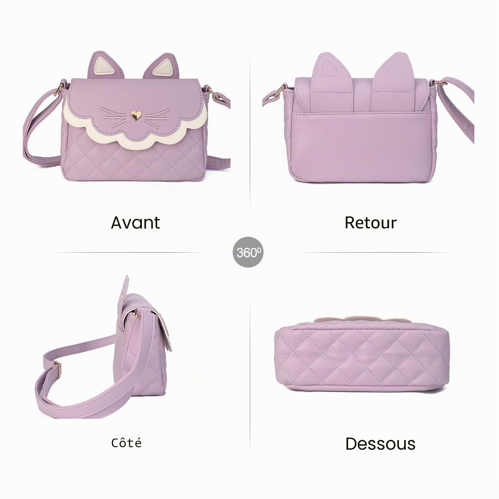 Gladdon Sac à Bandoulière pour Filles Petits sac bandoulière chat Piquage sac à main pour enfant Mini Sac à Monnaie Avec sangle réglable Mode portefeuille(Violet)
