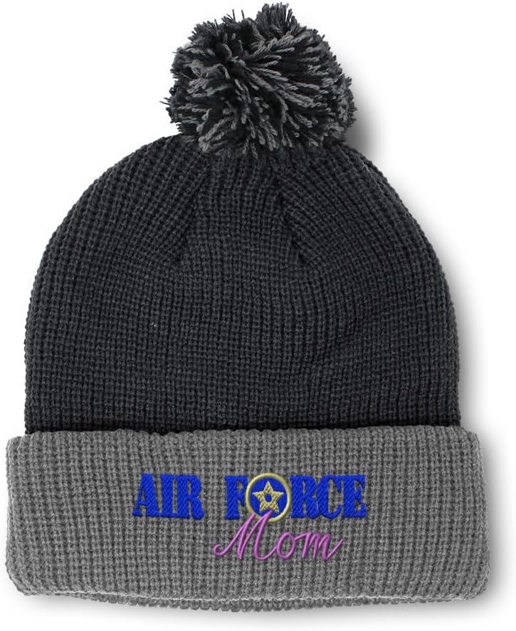 Speedy Pros Pom Pom Beanies for Women Air Force Mom Embroidery Skull Cap Winter Hats for Men Acrylic One Size