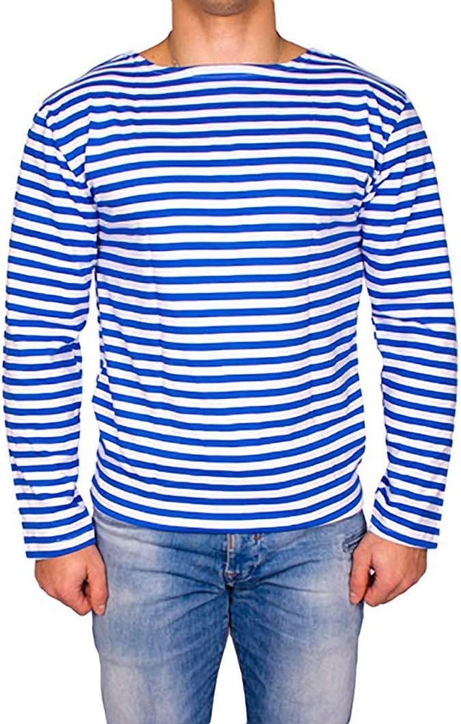 EosphorusGenuine Striped Long Sleeved T-Shirt Top Cotton Light Blue Shirt Original Telnyashka Тельняшка