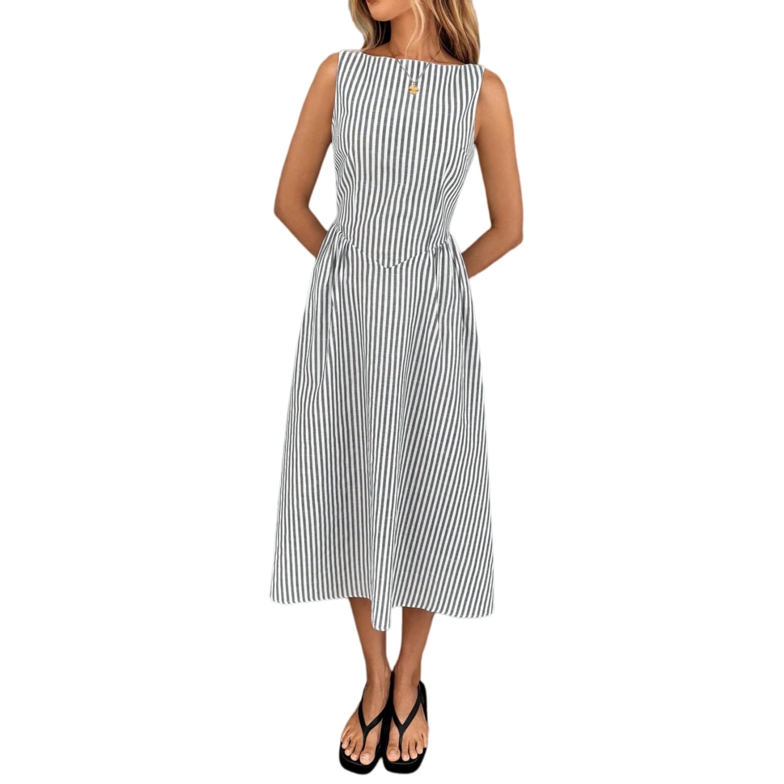 Vestito Abito A Righe Senza Maniche da Donna Estate Slim Fit Midi Dress con Design Verticali, Elegante Casual per Le Vacanze-Yellow-m