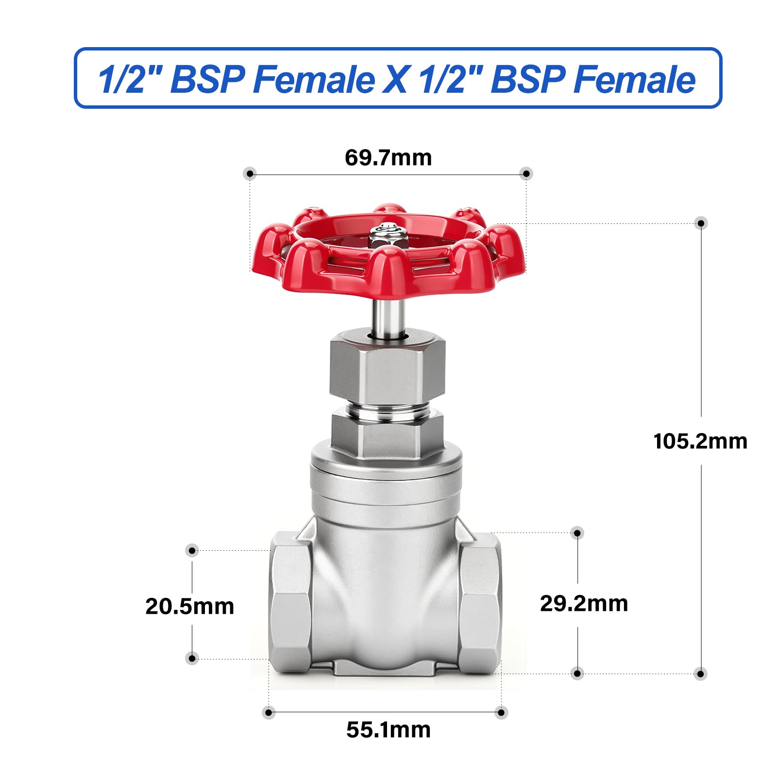 EGAOBOY Vanne à guillotine robuste en acier inoxydable 304, 1/2" BSP femelle x 1/2" BSP femelle, vanne rotative à poignée à roue, 200 WOG, pour l'eau, l'huile, le gaz et la plomberie industrielle