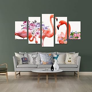 5 Pezzi Quadro su Tela Quadri moderni Arte muraria Fenicottero e fiori Multipannello Poster Stampa Artistica Decorazione da parete Per Soggiorno o Stanza da letto con Cornice 150x80 cm