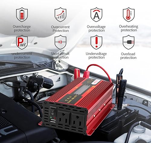 Miniatura 6 de Vsuna Inversor de corriente para automóvil de 1200 W, convertidor de CC de 12 V a 110 V CA con pantalla LCD, tiene salidas de CA y cargador USB dual